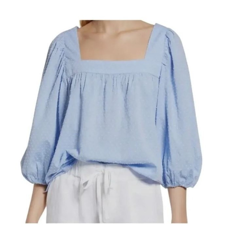 Caslon Womens Square Neck Cotton 3/4 Sleeve Popover Blouse Blue Swiss Dot Medium